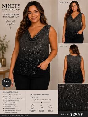 Ninety Clothing Co NWT Women’s Silver Sleeveless Party Sparkle Holiday Blouse L